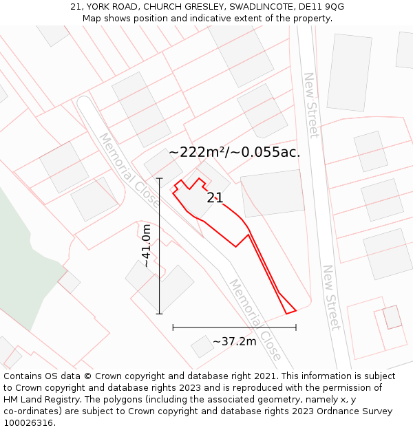 21, YORK ROAD, CHURCH GRESLEY, SWADLINCOTE, DE11 9QG: Plot and title map