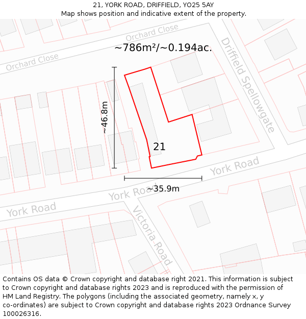 21, YORK ROAD, DRIFFIELD, YO25 5AY: Plot and title map