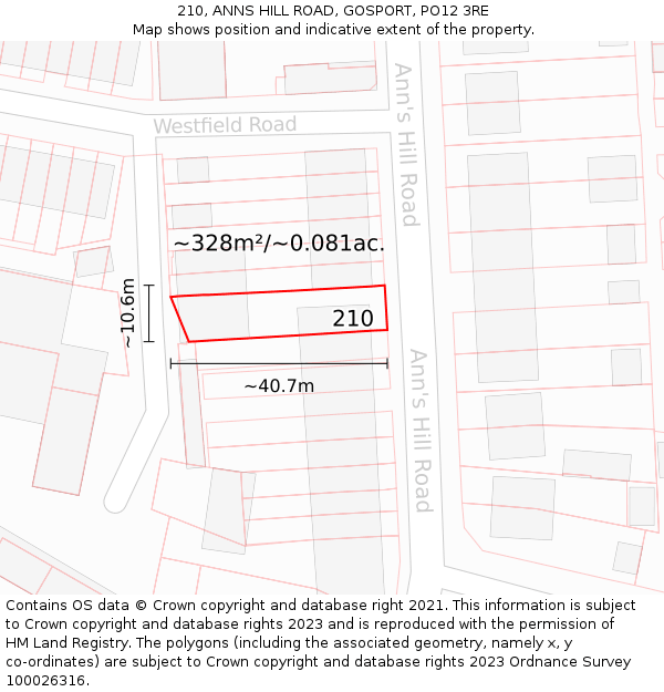 210, ANNS HILL ROAD, GOSPORT, PO12 3RE: Plot and title map