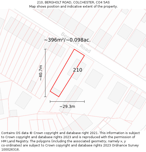 210, BERGHOLT ROAD, COLCHESTER, CO4 5AS: Plot and title map