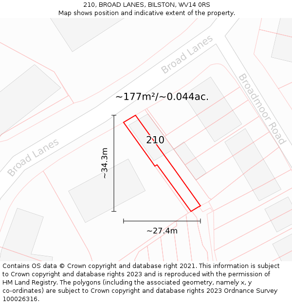 210, BROAD LANES, BILSTON, WV14 0RS: Plot and title map