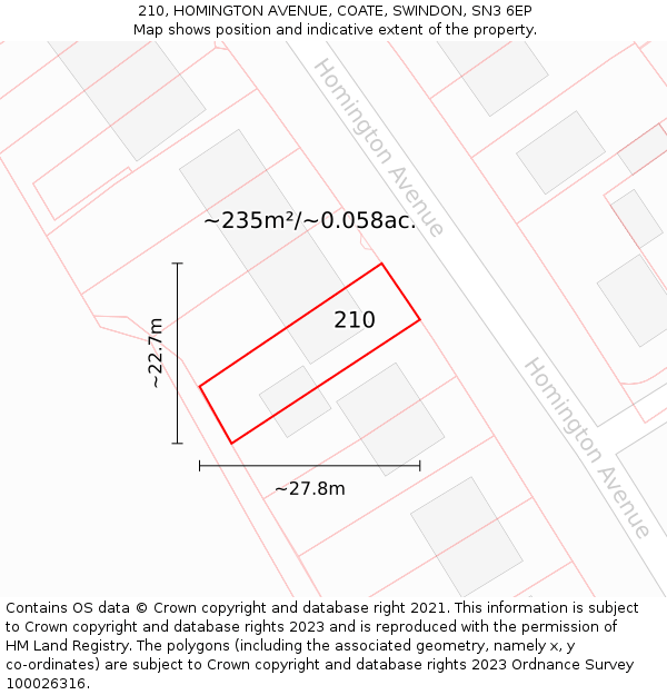 210, HOMINGTON AVENUE, COATE, SWINDON, SN3 6EP: Plot and title map