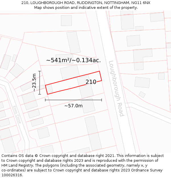 210, LOUGHBOROUGH ROAD, RUDDINGTON, NOTTINGHAM, NG11 6NX: Plot and title map