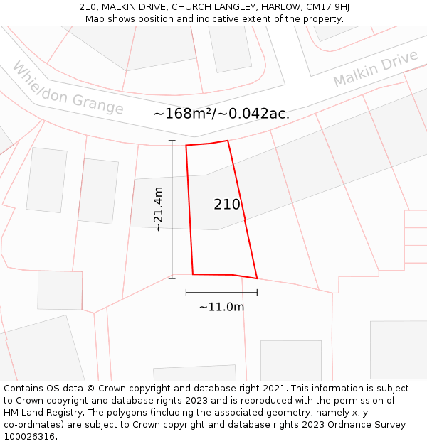 210, MALKIN DRIVE, CHURCH LANGLEY, HARLOW, CM17 9HJ: Plot and title map