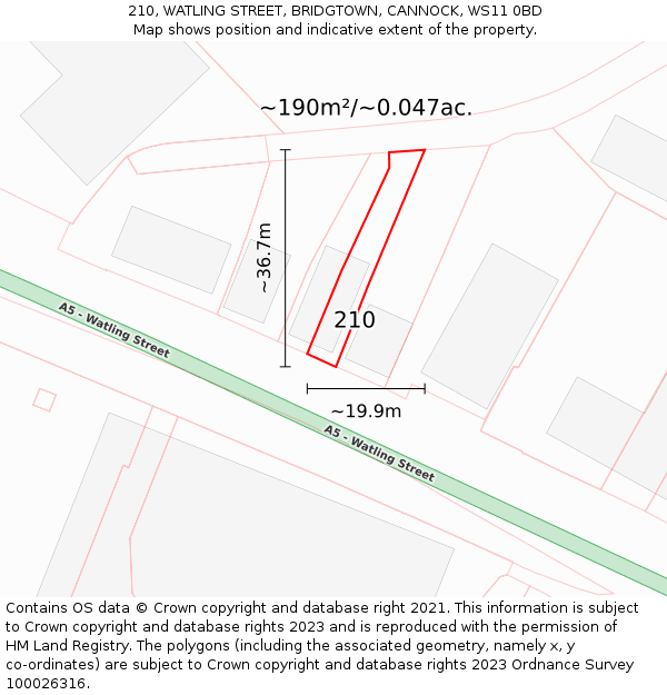 210, WATLING STREET, BRIDGTOWN, CANNOCK, WS11 0BD: Plot and title map