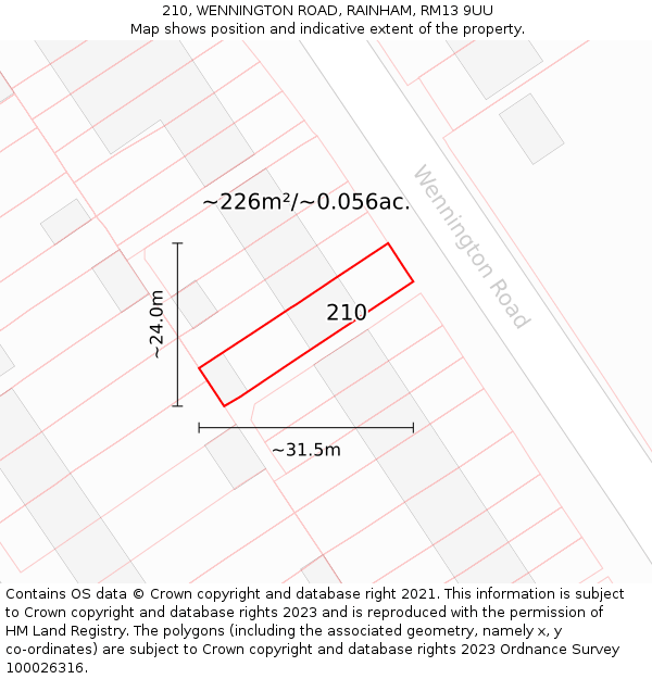210, WENNINGTON ROAD, RAINHAM, RM13 9UU: Plot and title map