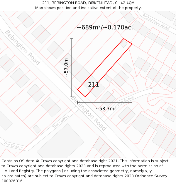 211, BEBINGTON ROAD, BIRKENHEAD, CH42 4QA: Plot and title map