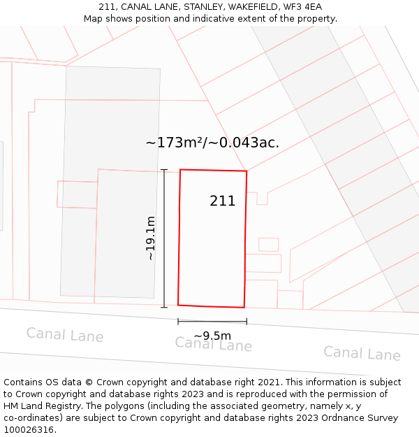 211, CANAL LANE, STANLEY, WAKEFIELD, WF3 4EA: Plot and title map