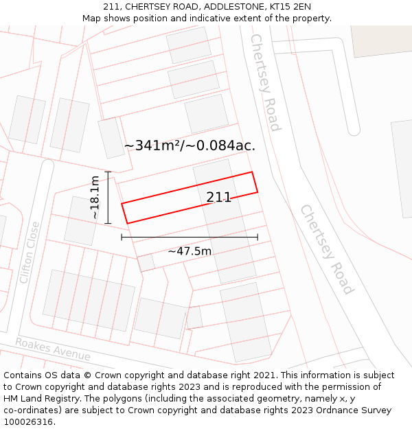 211, CHERTSEY ROAD, ADDLESTONE, KT15 2EN: Plot and title map