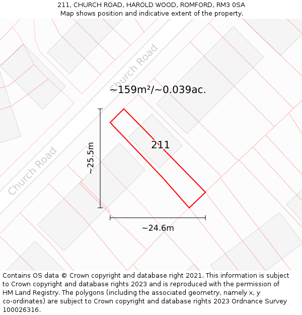 211, CHURCH ROAD, HAROLD WOOD, ROMFORD, RM3 0SA: Plot and title map