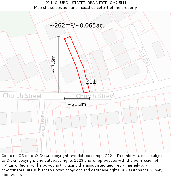 211, CHURCH STREET, BRAINTREE, CM7 5LH: Plot and title map