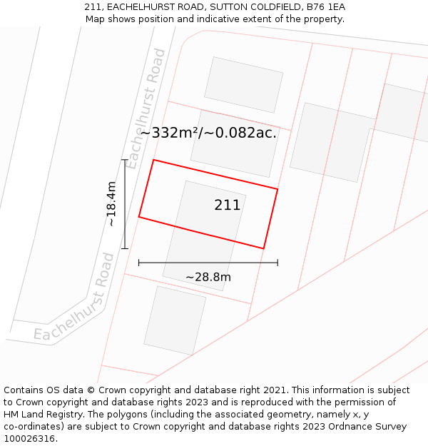 211, EACHELHURST ROAD, SUTTON COLDFIELD, B76 1EA: Plot and title map