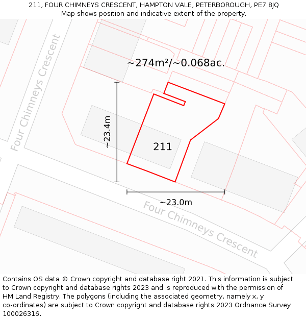 211, FOUR CHIMNEYS CRESCENT, HAMPTON VALE, PETERBOROUGH, PE7 8JQ: Plot and title map