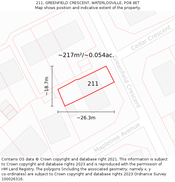 211, GREENFIELD CRESCENT, WATERLOOVILLE, PO8 9ET: Plot and title map