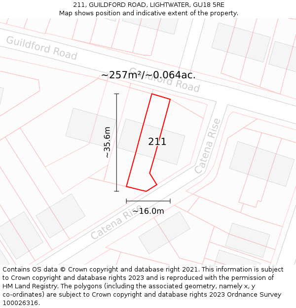 211, GUILDFORD ROAD, LIGHTWATER, GU18 5RE: Plot and title map