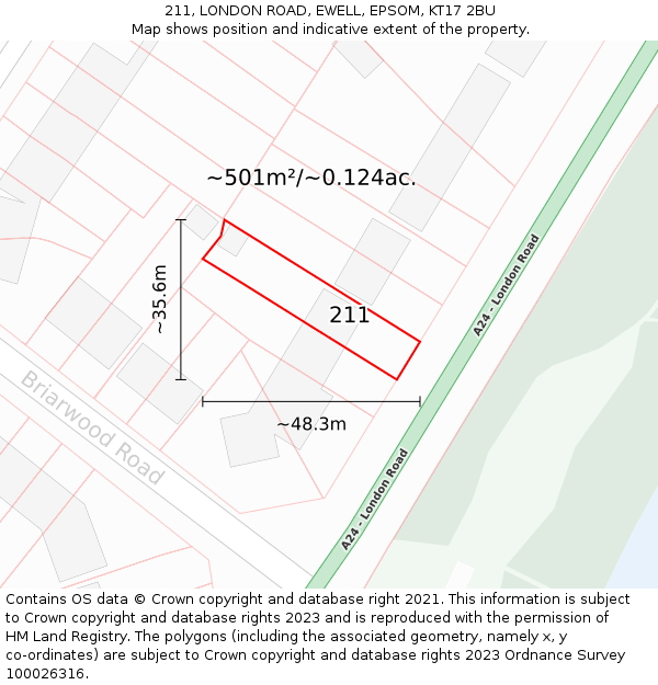 211, LONDON ROAD, EWELL, EPSOM, KT17 2BU: Plot and title map