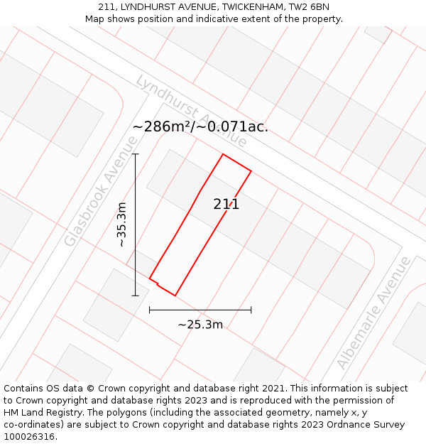 211, LYNDHURST AVENUE, TWICKENHAM, TW2 6BN: Plot and title map