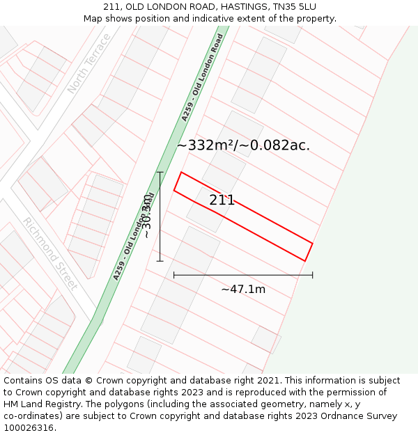 211, OLD LONDON ROAD, HASTINGS, TN35 5LU: Plot and title map