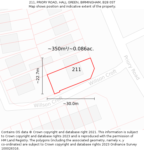 211, PRIORY ROAD, HALL GREEN, BIRMINGHAM, B28 0ST: Plot and title map