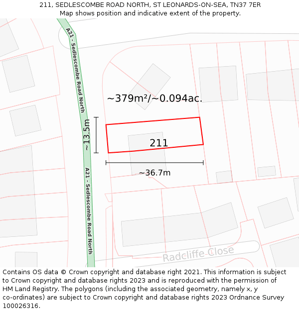 211, SEDLESCOMBE ROAD NORTH, ST LEONARDS-ON-SEA, TN37 7ER: Plot and title map