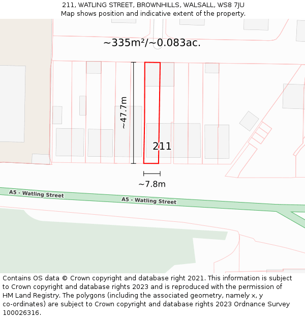 211, WATLING STREET, BROWNHILLS, WALSALL, WS8 7JU: Plot and title map