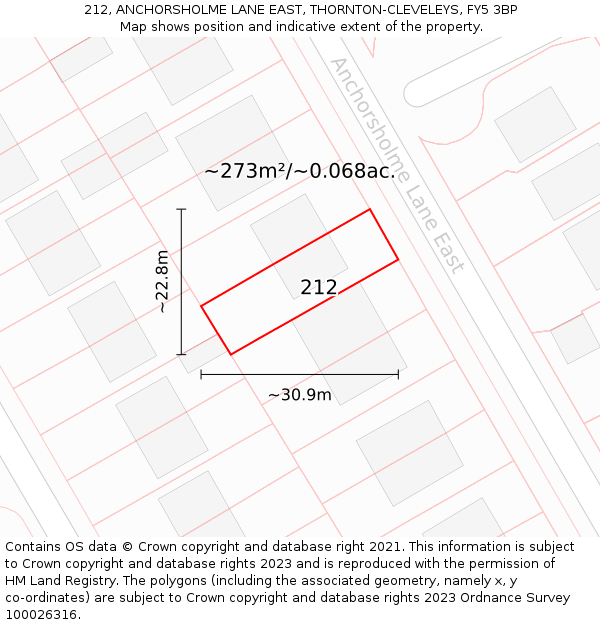 212, ANCHORSHOLME LANE EAST, THORNTON-CLEVELEYS, FY5 3BP: Plot and title map