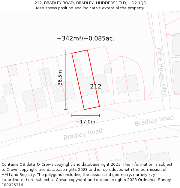 212, BRADLEY ROAD, BRADLEY, HUDDERSFIELD, HD2 1QD: Plot and title map