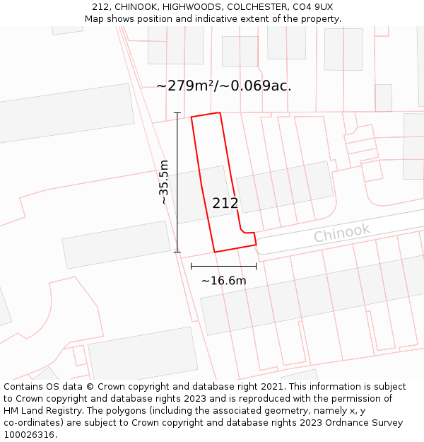 212, CHINOOK, HIGHWOODS, COLCHESTER, CO4 9UX: Plot and title map