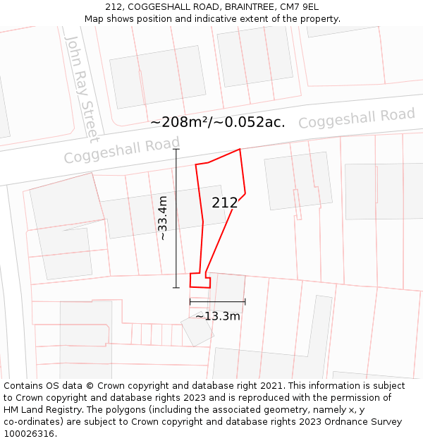 212, COGGESHALL ROAD, BRAINTREE, CM7 9EL: Plot and title map