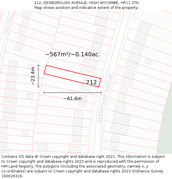 212, DESBOROUGH AVENUE, HIGH WYCOMBE, HP11 2TN: Plot and title map