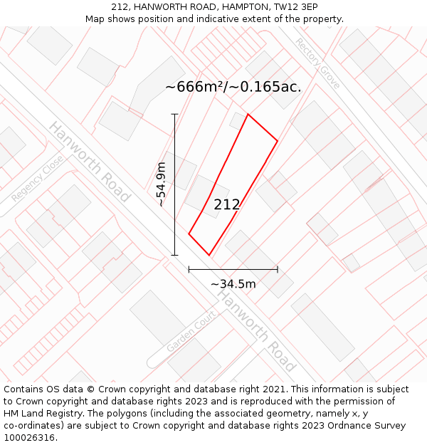 212, HANWORTH ROAD, HAMPTON, TW12 3EP: Plot and title map