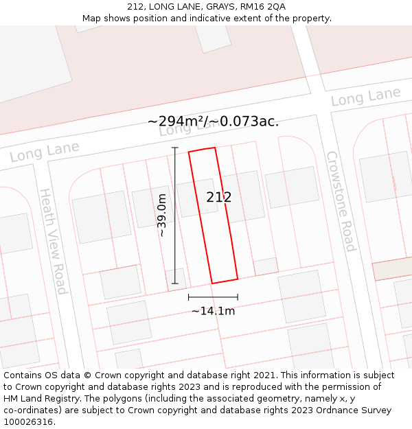 212, LONG LANE, GRAYS, RM16 2QA: Plot and title map