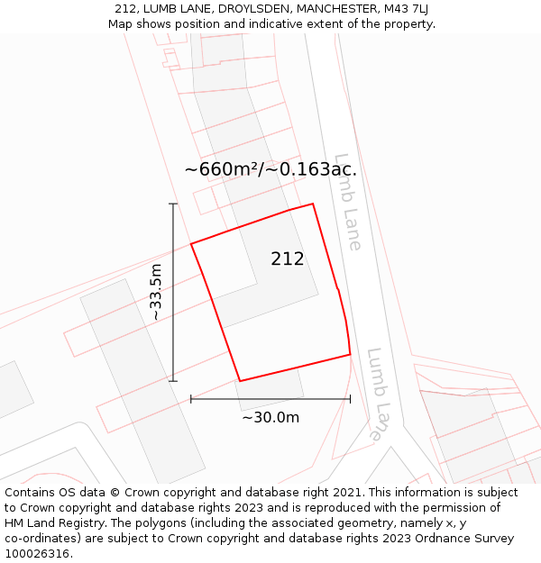 212, LUMB LANE, DROYLSDEN, MANCHESTER, M43 7LJ: Plot and title map