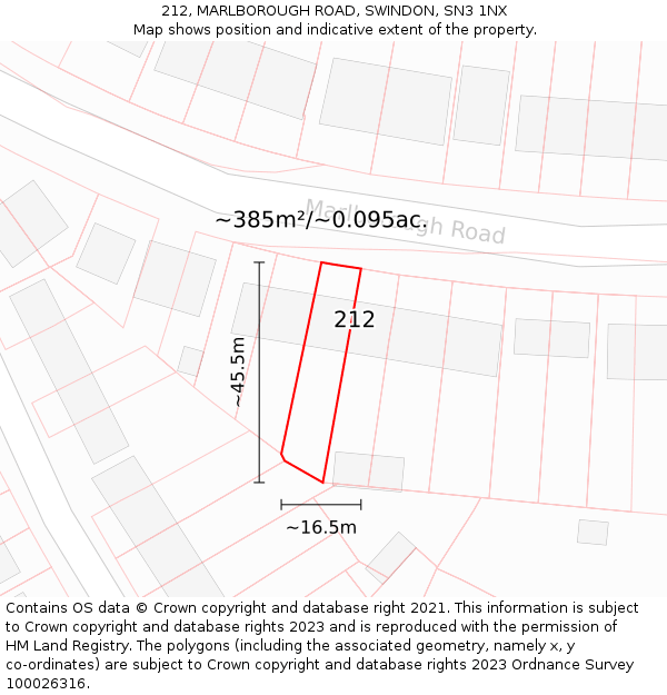 212, MARLBOROUGH ROAD, SWINDON, SN3 1NX: Plot and title map