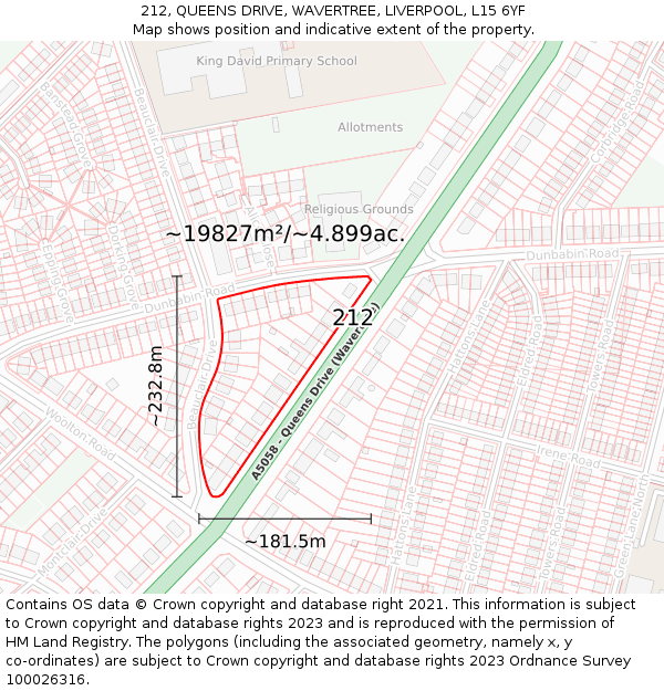 212, QUEENS DRIVE, WAVERTREE, LIVERPOOL, L15 6YF: Plot and title map