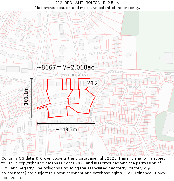 212, RED LANE, BOLTON, BL2 5HN: Plot and title map