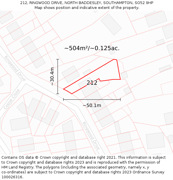 212, RINGWOOD DRIVE, NORTH BADDESLEY, SOUTHAMPTON, SO52 9HP: Plot and title map