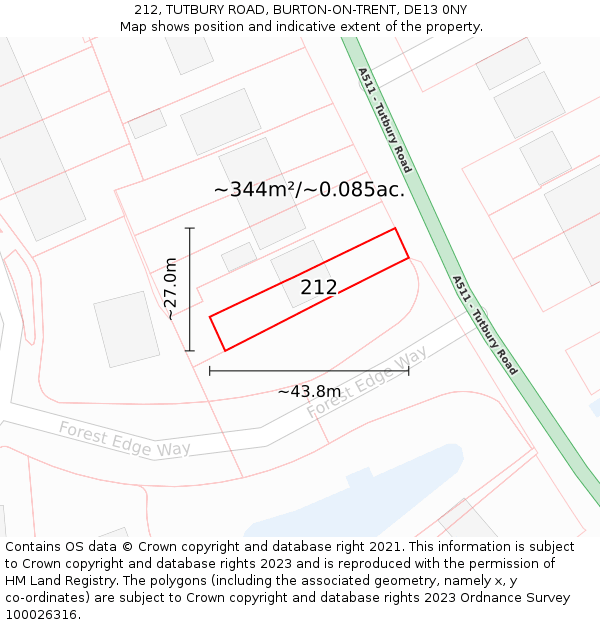 212, TUTBURY ROAD, BURTON-ON-TRENT, DE13 0NY: Plot and title map