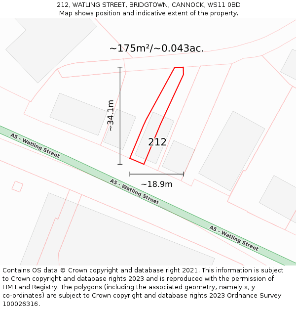 212, WATLING STREET, BRIDGTOWN, CANNOCK, WS11 0BD: Plot and title map