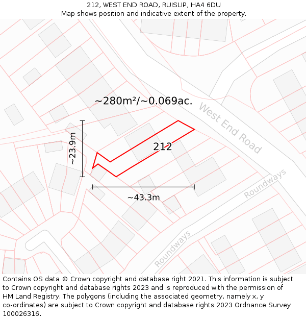 212, WEST END ROAD, RUISLIP, HA4 6DU: Plot and title map