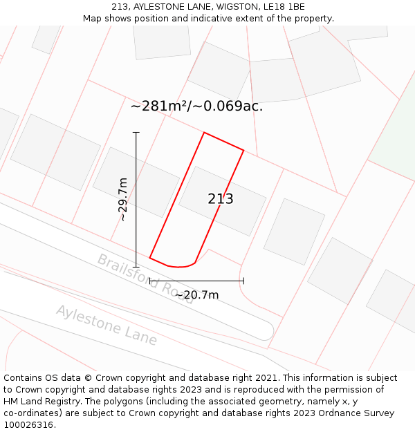 213, AYLESTONE LANE, WIGSTON, LE18 1BE: Plot and title map