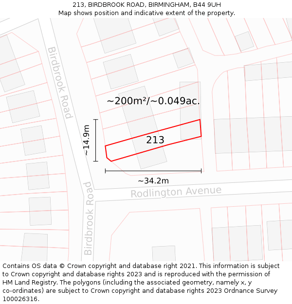 213, BIRDBROOK ROAD, BIRMINGHAM, B44 9UH: Plot and title map