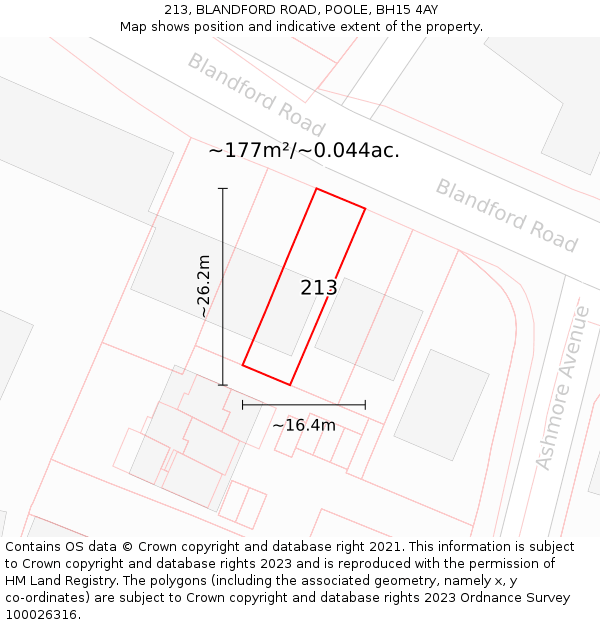 213, BLANDFORD ROAD, POOLE, BH15 4AY: Plot and title map