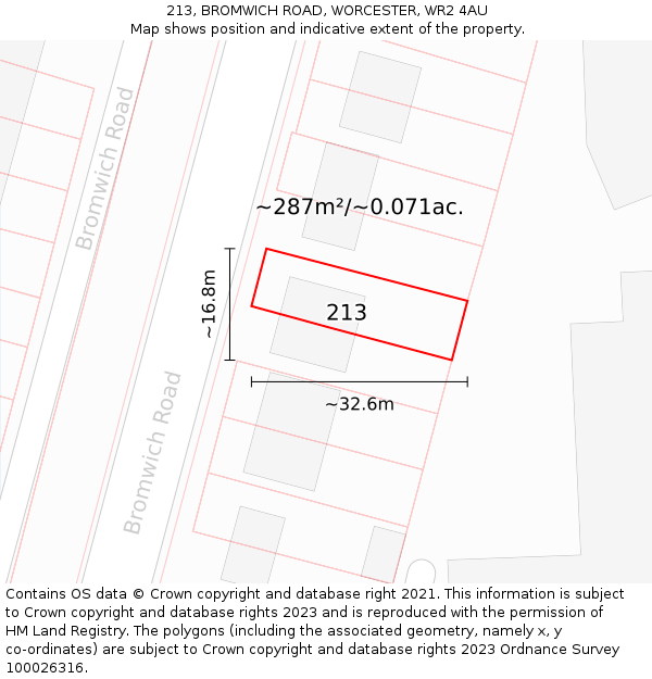 213, BROMWICH ROAD, WORCESTER, WR2 4AU: Plot and title map