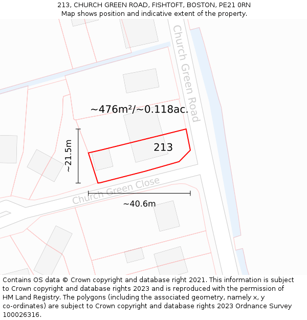 213, CHURCH GREEN ROAD, FISHTOFT, BOSTON, PE21 0RN: Plot and title map