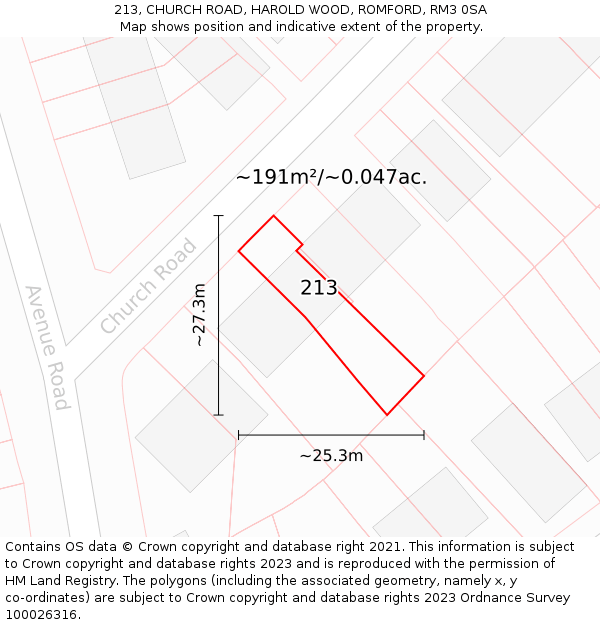 213, CHURCH ROAD, HAROLD WOOD, ROMFORD, RM3 0SA: Plot and title map