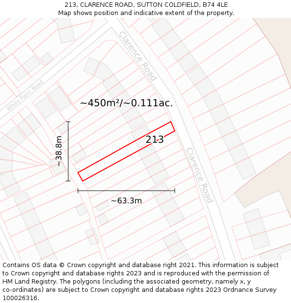 213, CLARENCE ROAD, SUTTON COLDFIELD, B74 4LE: Plot and title map