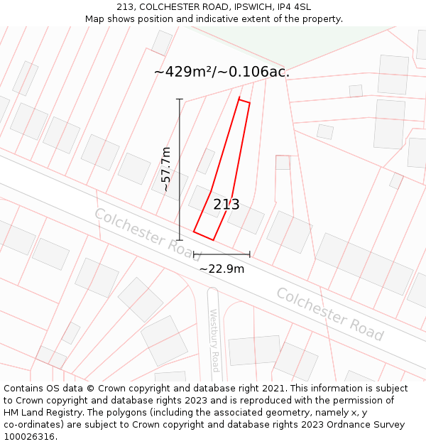 213, COLCHESTER ROAD, IPSWICH, IP4 4SL: Plot and title map