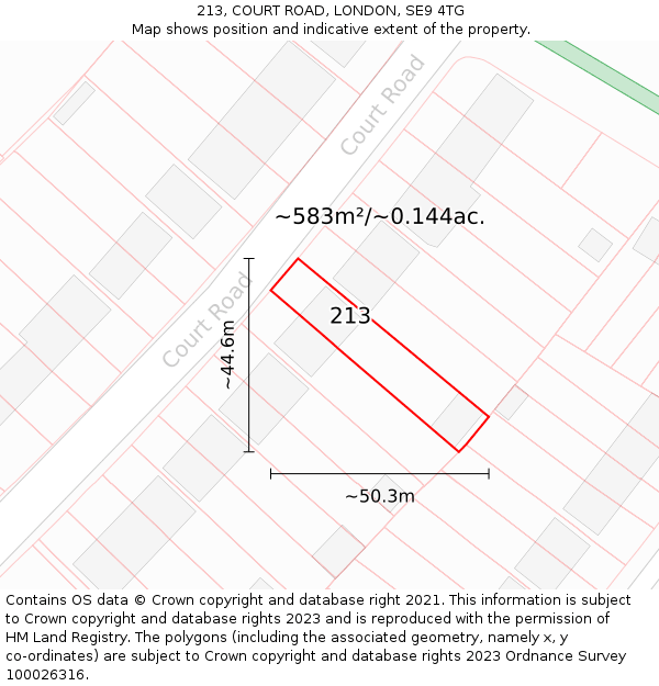 213, COURT ROAD, LONDON, SE9 4TG: Plot and title map