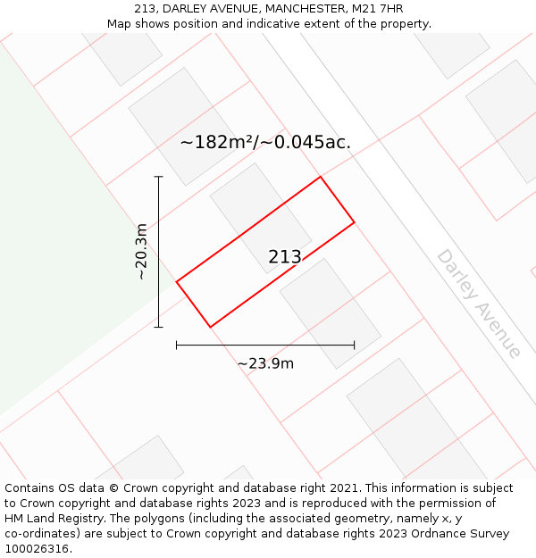 213, DARLEY AVENUE, MANCHESTER, M21 7HR: Plot and title map